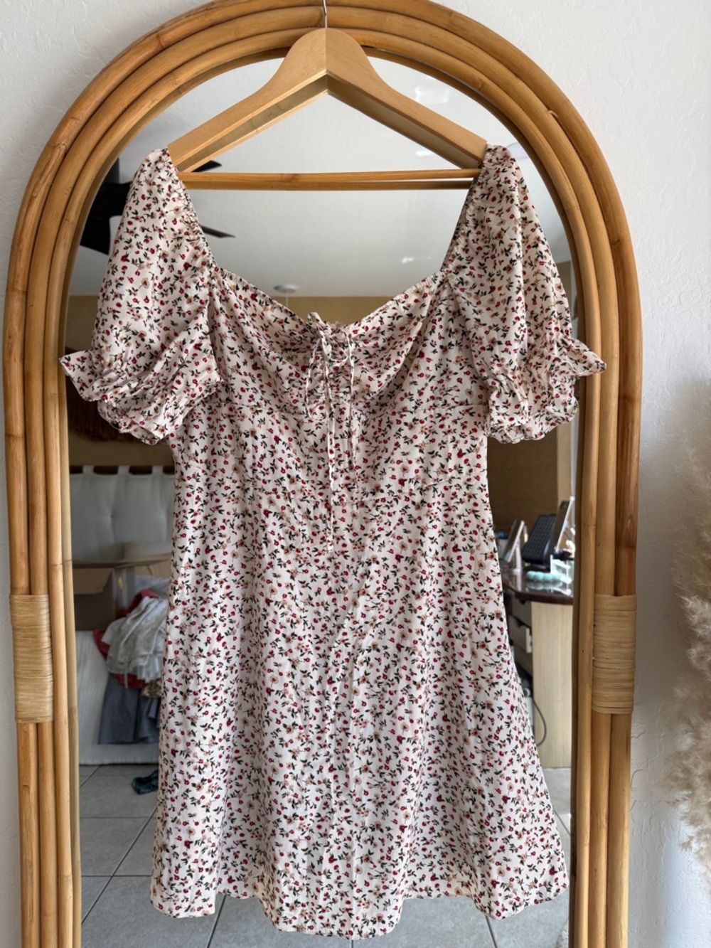 Floral Puff Sleeve Mini Dress - Pink & Red Print